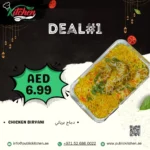 Delicious biryani available starting at 6.99 DHS