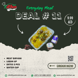 Everyday Deal 11: Meat Biryani with Laban UP @9.99 AED <br> packing in polythene bag