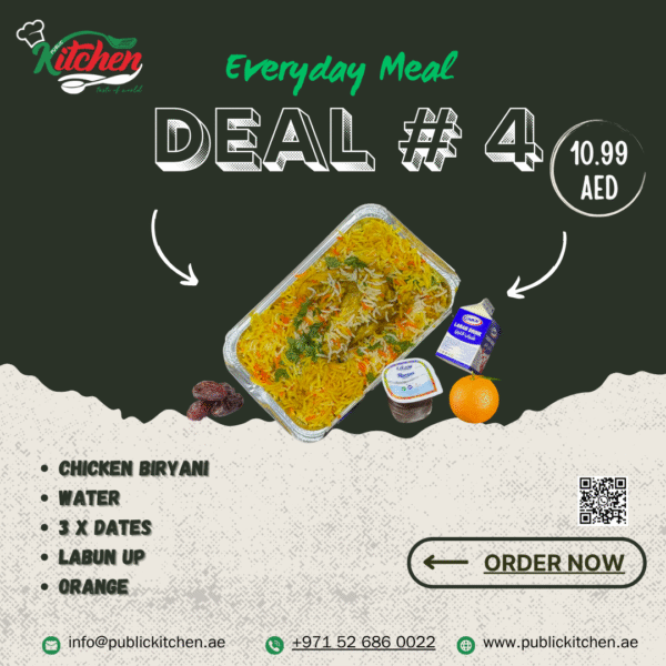 Everyday Deal 4: Chicken Biryani with Fruit @10.99 AED <br> packing in polythene bag