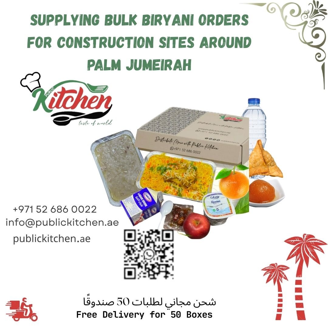 Workers at a construction site on Palm Jumeirah receiving bulk chicken biryani delivery
