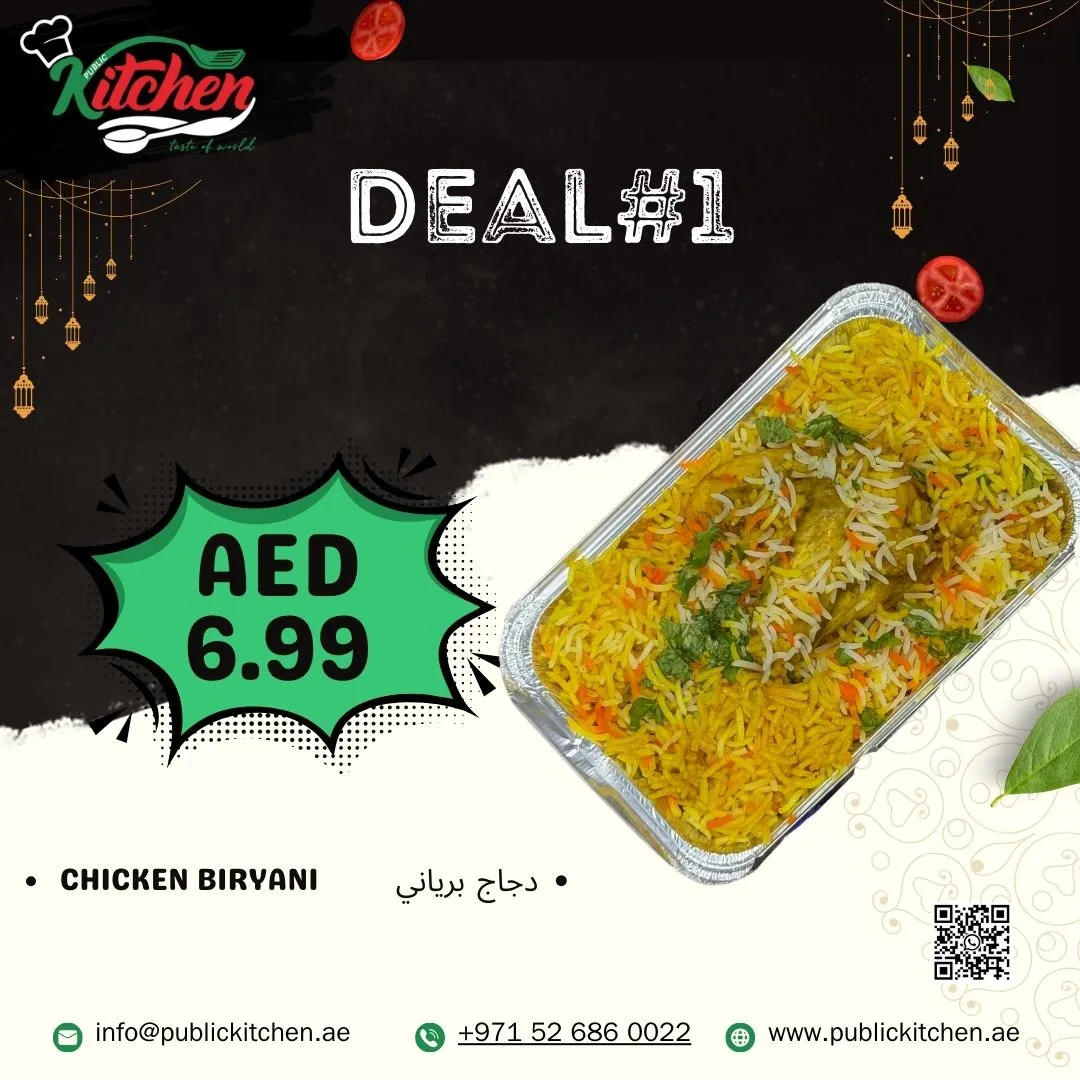 Delicious biryani available starting at 6.99 DHS