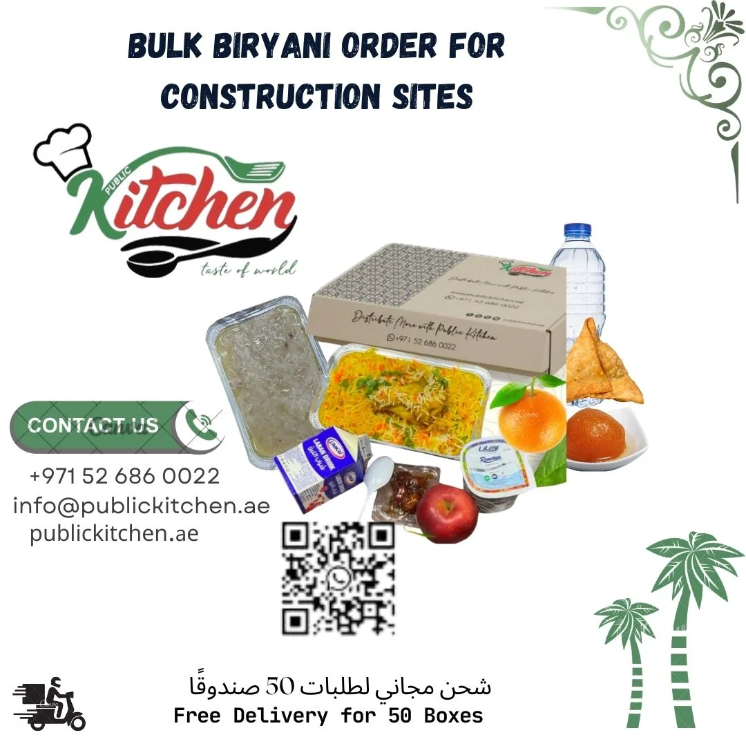 Workers enjoying bulk biryani delivery at a construction site in Dubai
