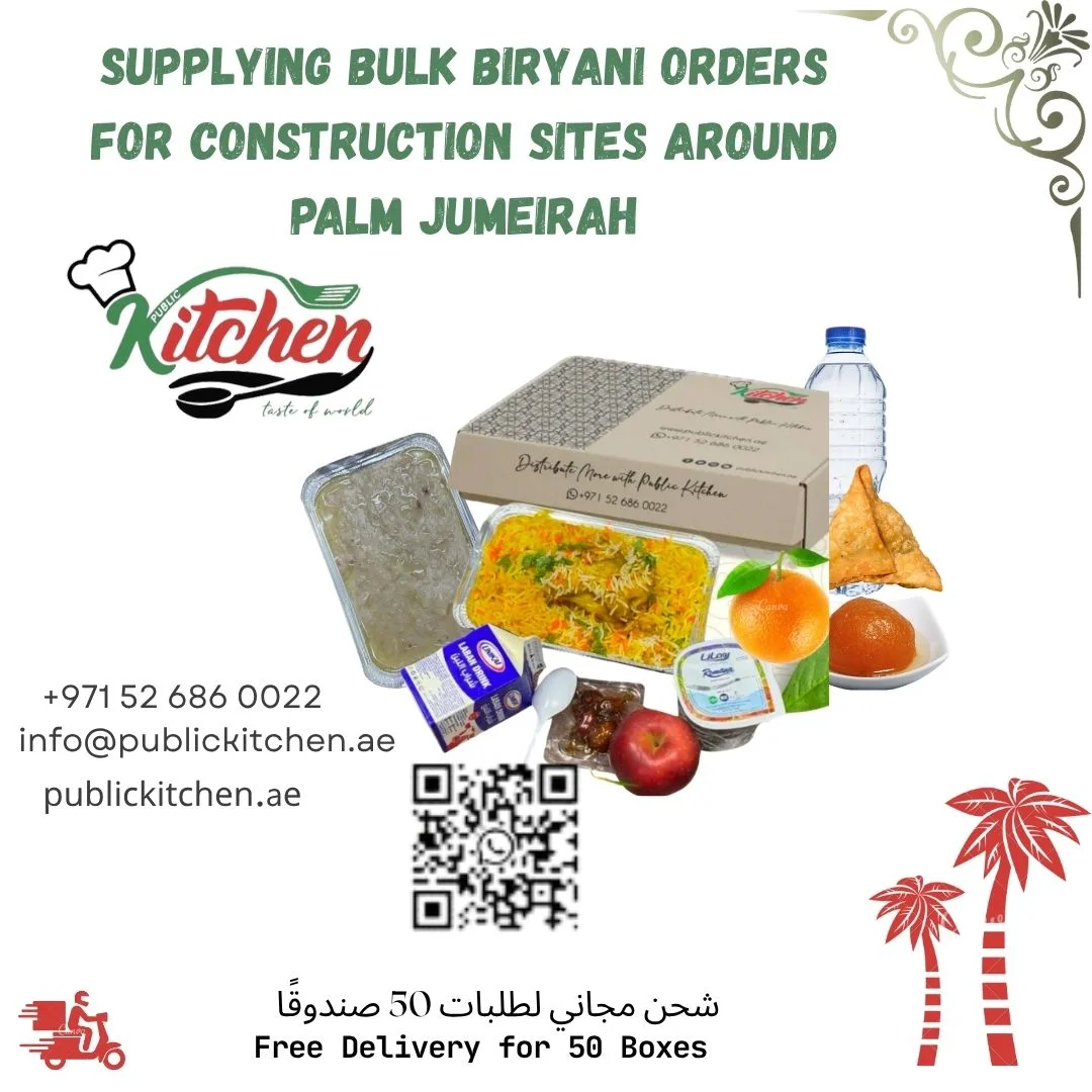 Workers at a construction site on Palm Jumeirah receiving bulk chicken biryani delivery