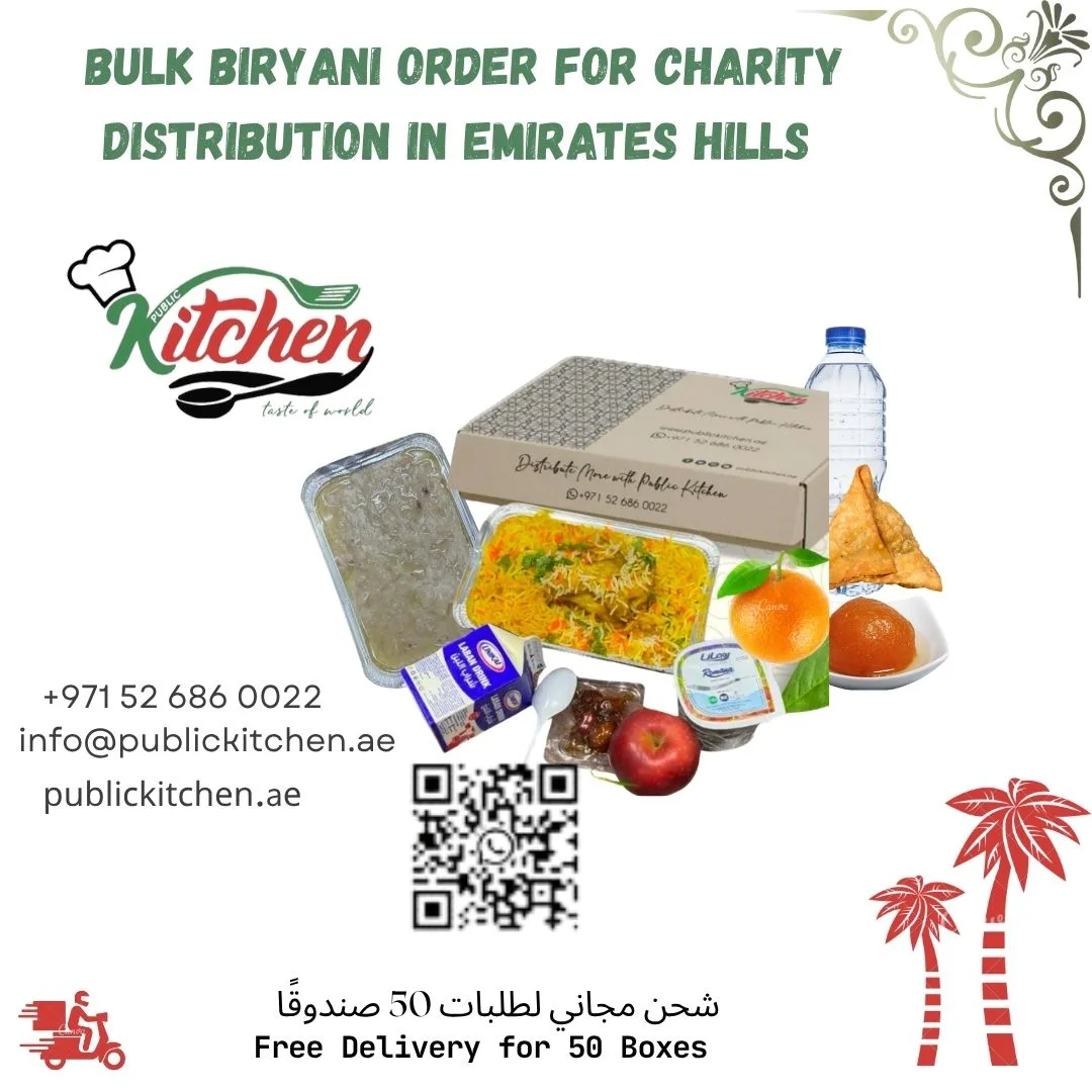 Bulk chicken and veg biryani prepared for charity distribution in Emirates Hills