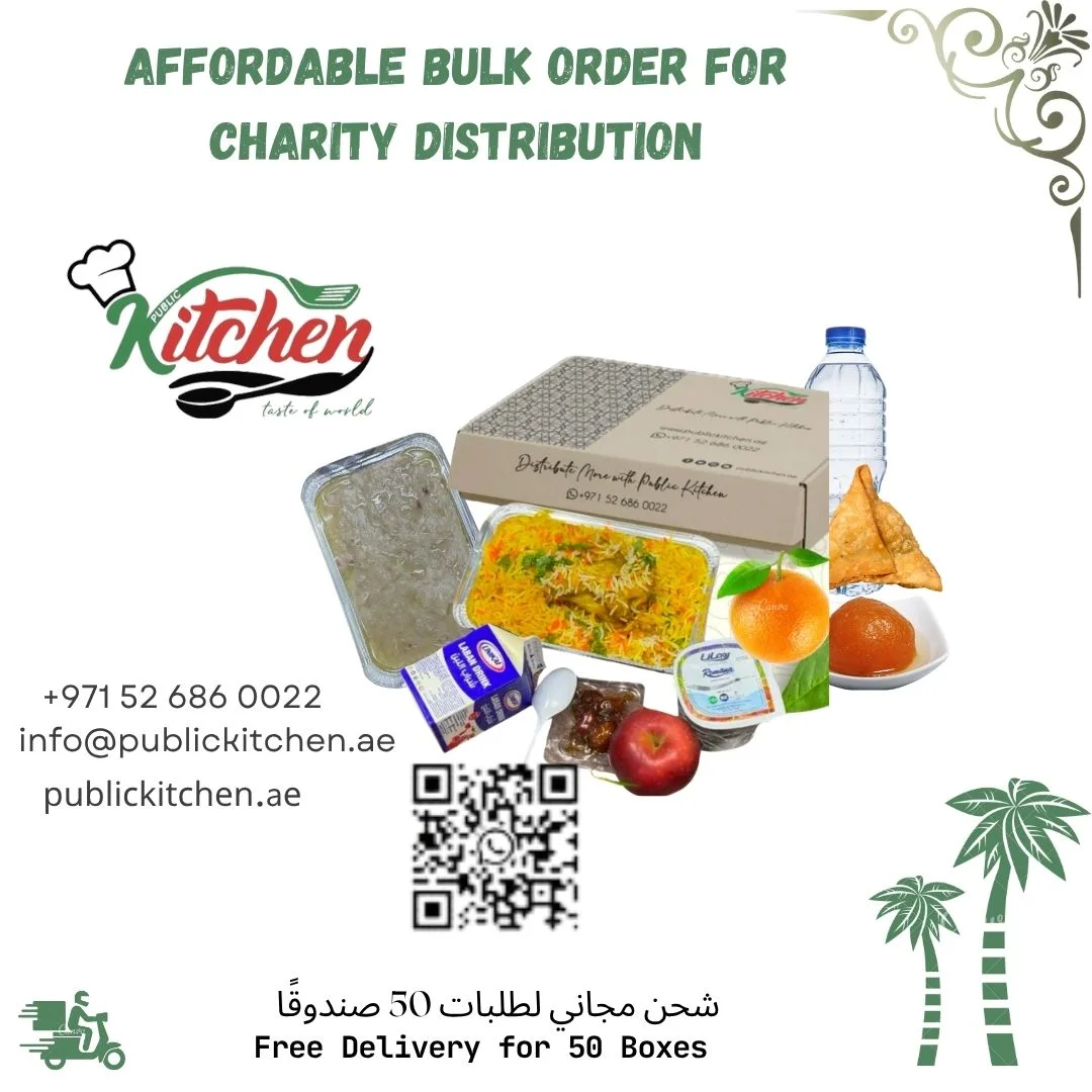 Volunteers distributing bulk biryani meals at a masjid and to laborers in The Springs community, Dubai