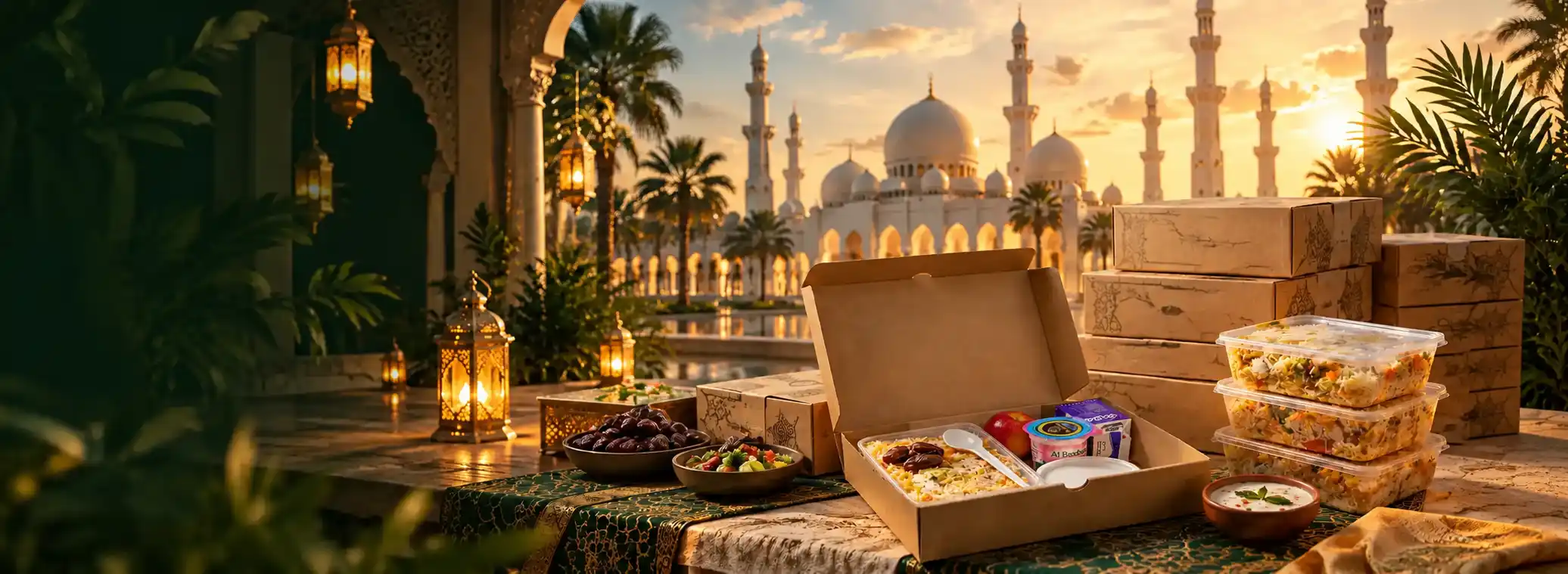 Ramadan iftar meal boxes on a table in front of a mosque at sunset
